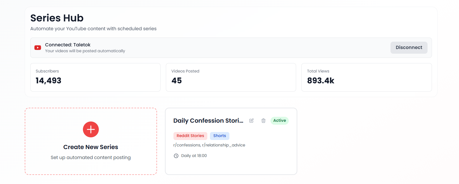 Taletok series dashboard — scheduled autoposting
