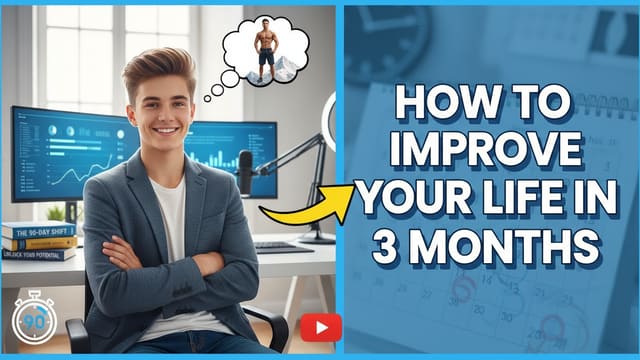 A smart young man in his bedroom with text "How to improve your life in 3 months".
