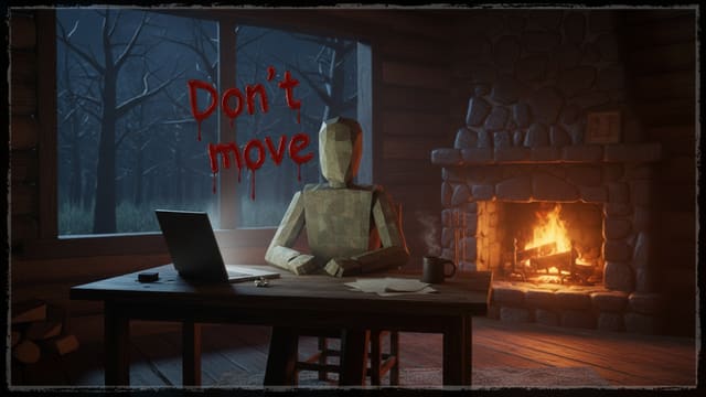 Simple documentary style blender 3d style. The faceless character model is sat behind a desk in a cabin at night. The text "Dont move" is written in blood behind him. The camera is face front.
